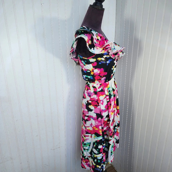 H&M Womens Dress sz 4 One Shoulder Bright Abstract Print Midi Ruffle Pink White - Picture 4 of 13